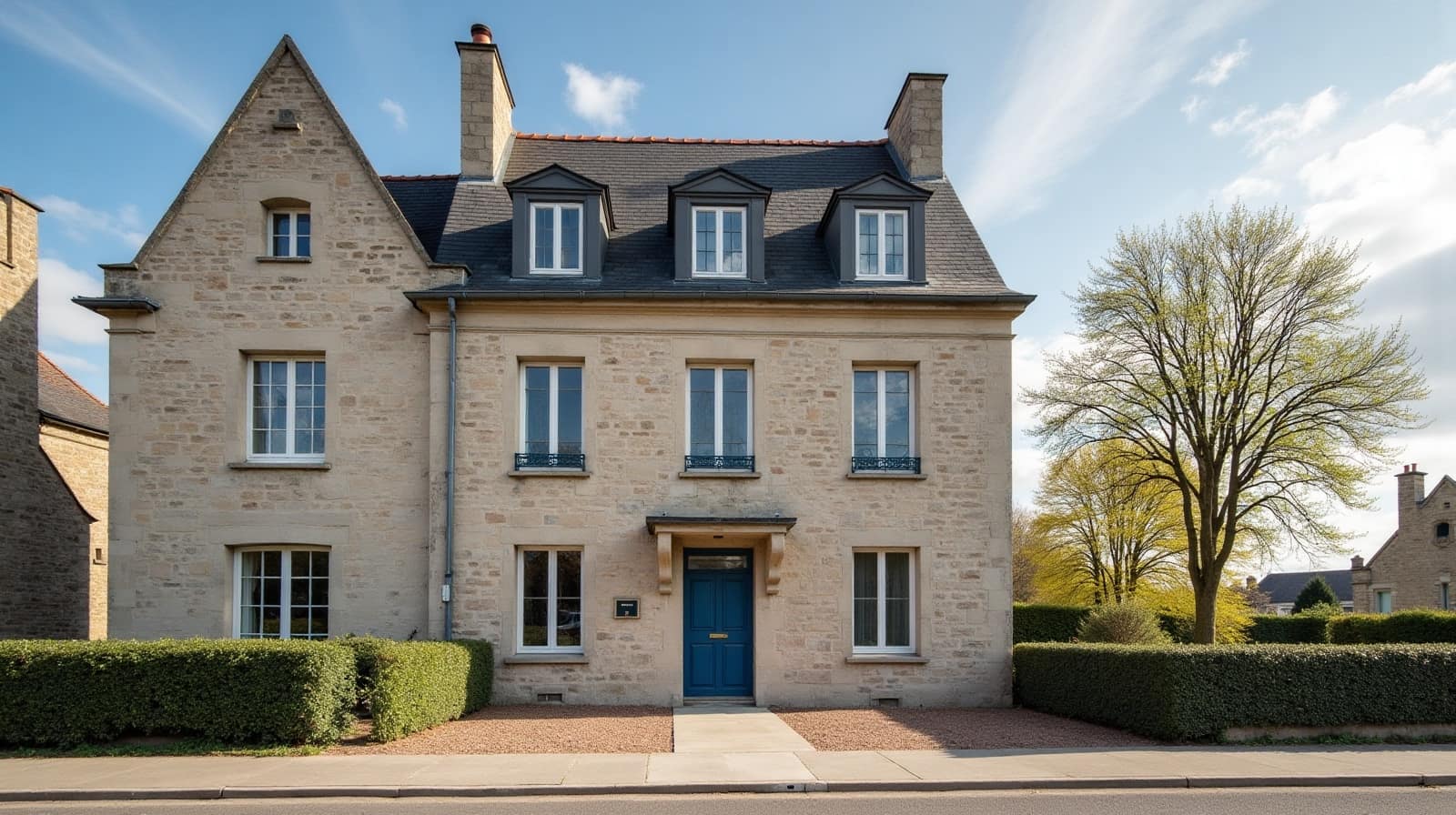 Toiture en ardoise d'un bâtiment ancien à Bégrolles-en-Mauges, sur le plateau des Mauges