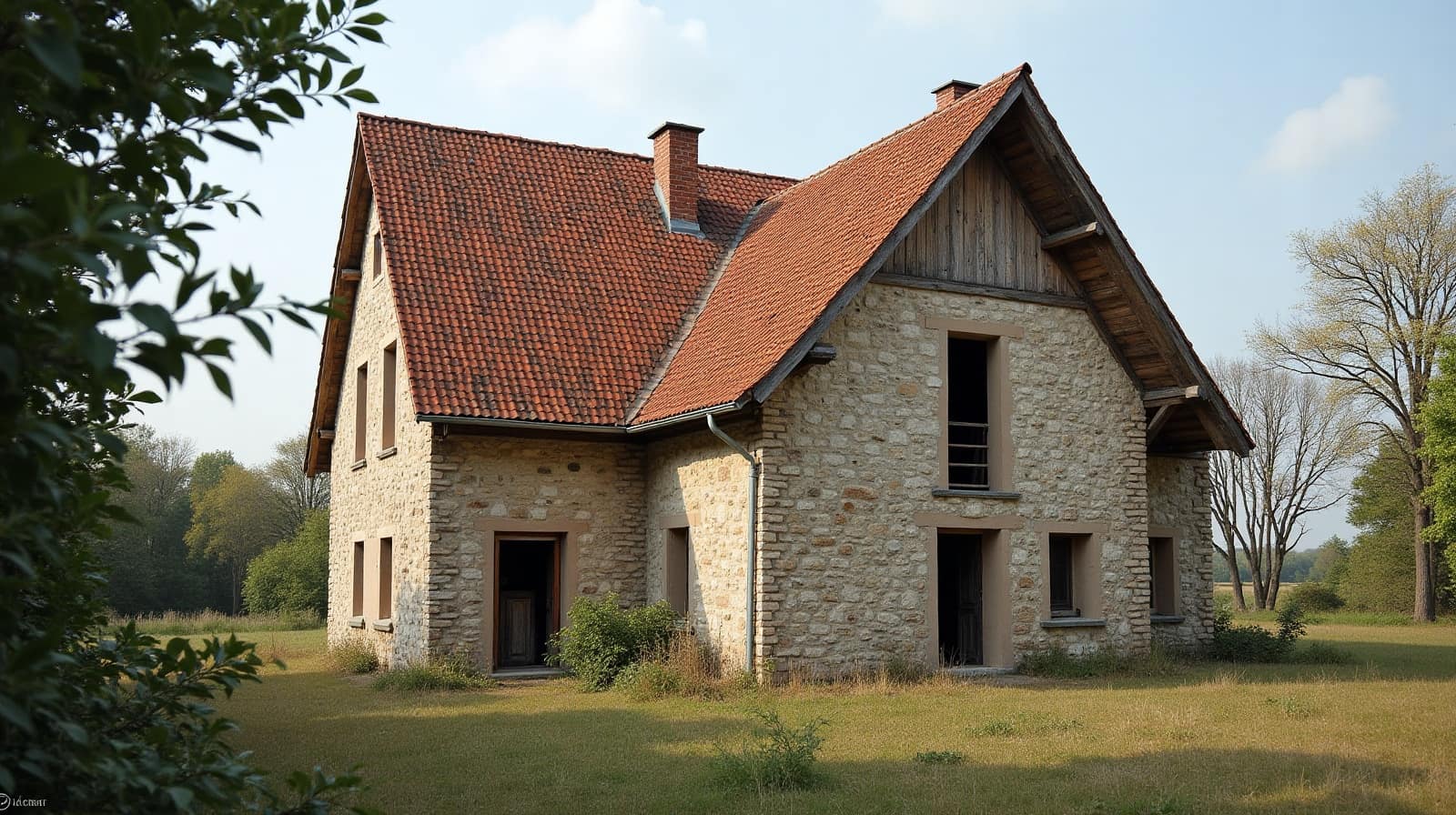 Toiture d'une maison ancienne à Maulévrier, dans la vallée de la Moine
