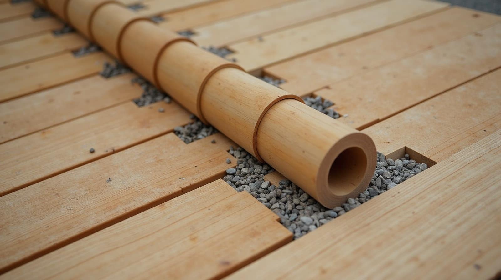 Détail d'un rouleau d'isolant thermique déroulé entre des chevrons de charpente en bois, texture de la laine minérale en gros plan