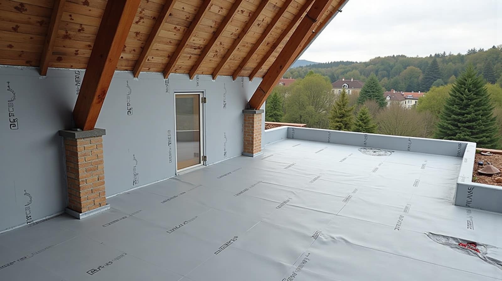 Vue rapprochée d'une charpente de toiture avant pose d'isolant, chevrons et écran de sous-toiture visibles, aucun texte lisible
