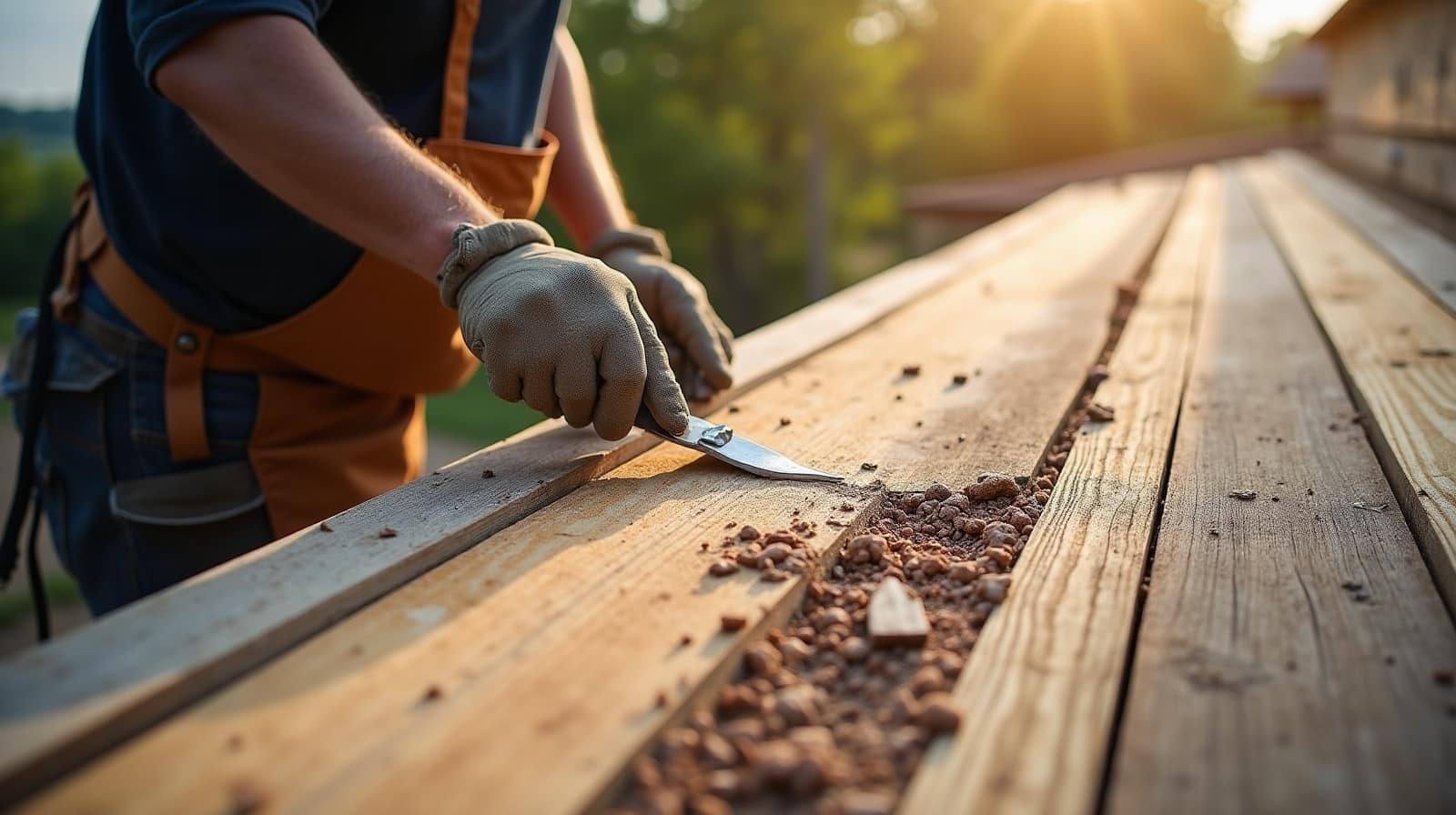 Gros plan sur une poutre de charpente en bois avec sa surface texturée, lumière rasante mettant en relief le grain du bois