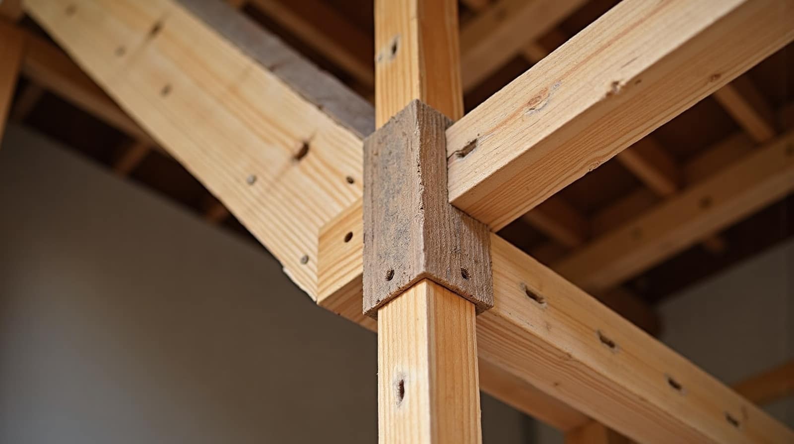 Détail d'un assemblage traditionnel de charpente en bois, tenon et mortaise visibles, cadrage rapproché sur la jonction