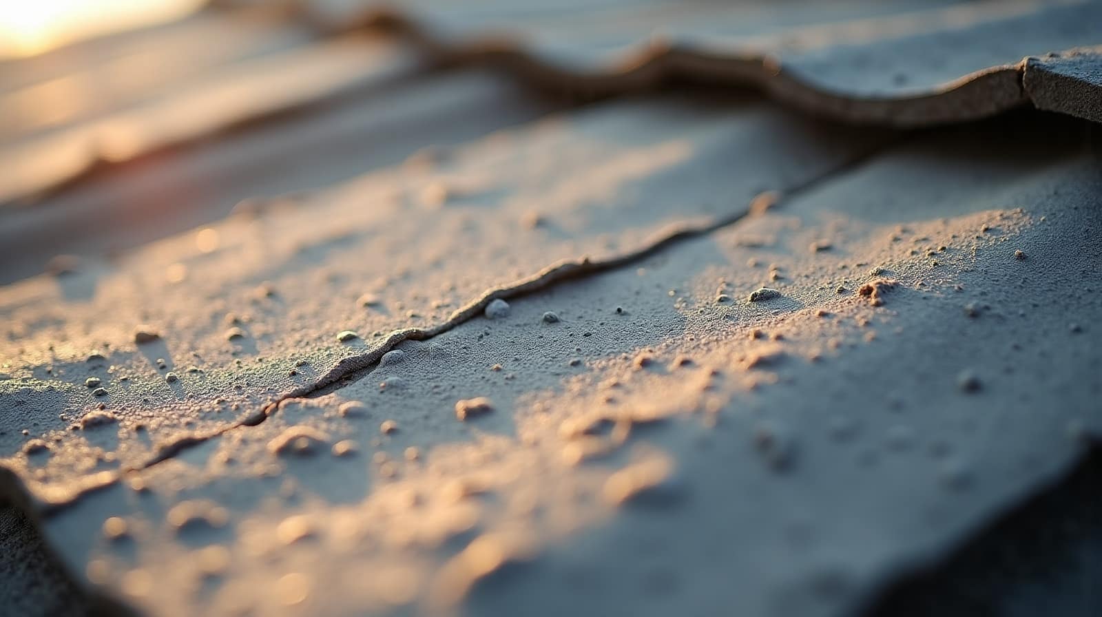 Détail d'une tuile en terre cuite présentant une fissure fine sur sa surface, lumière rasante mettant en relief le défaut