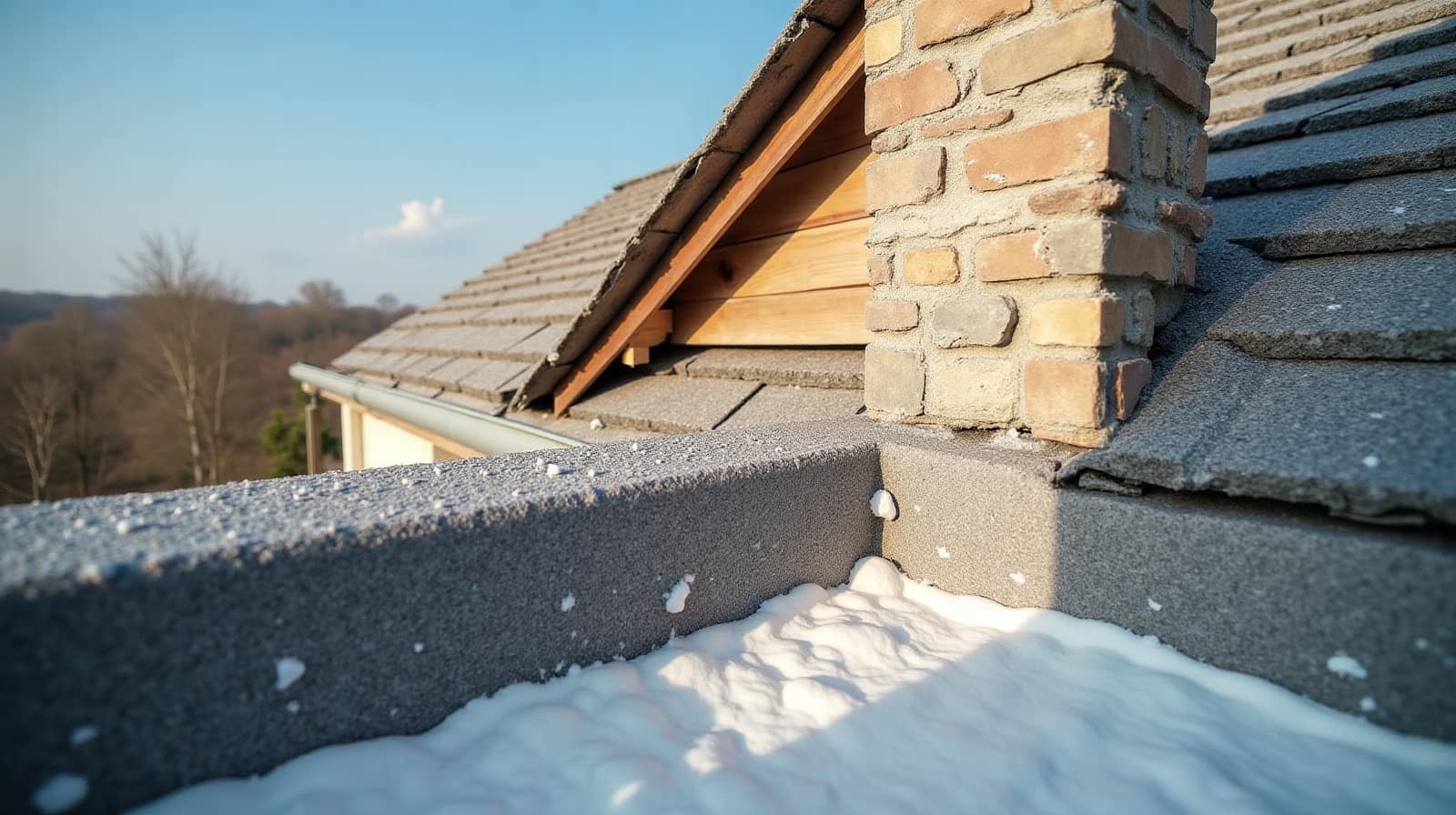 Vue rapprochée d'un versant de toiture partiellement recouvert de mousse, contraste net entre zone traitée et zone envahie