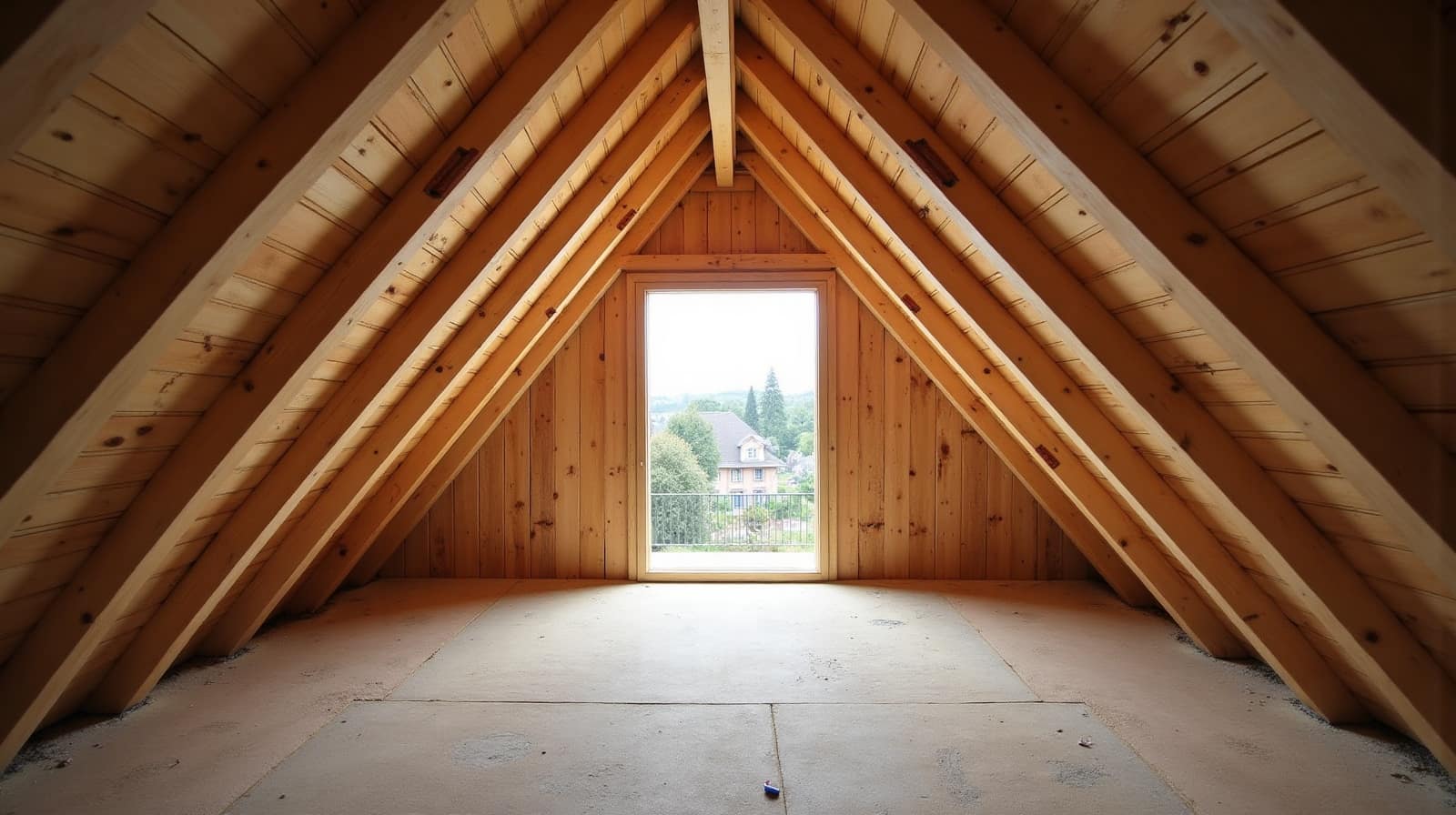 Vue rapprochée d'une charpente en bois vue depuis les combles, chevrons et liteaux visibles en gros plan, lumière naturelle