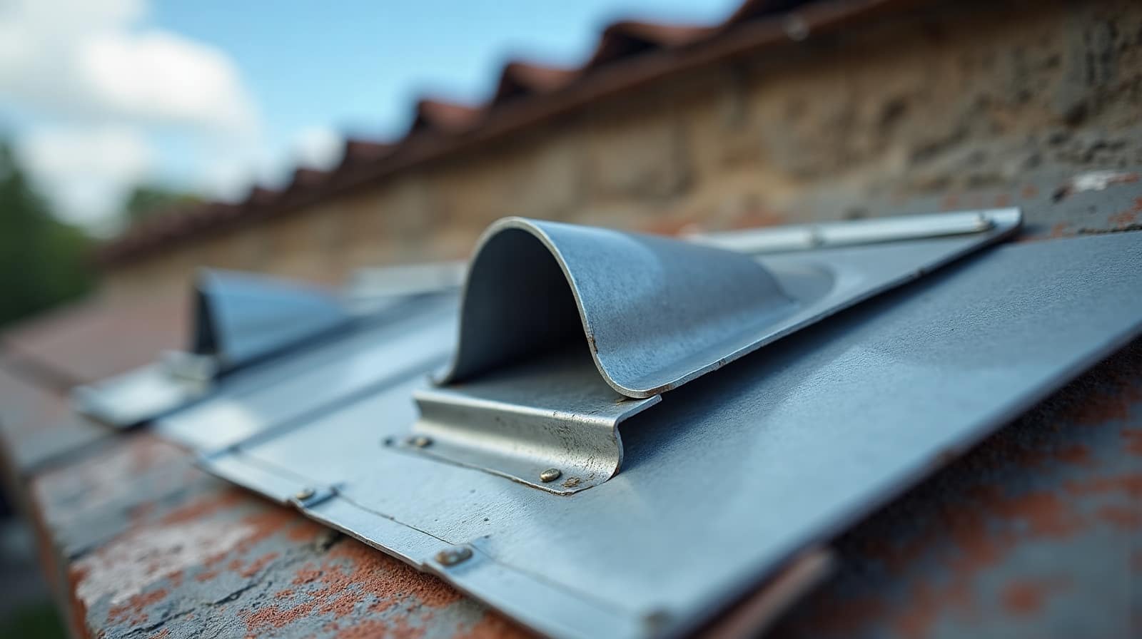Détail d'une noue de toiture en zinc entre deux pans de tuiles, gros plan sur l'assemblage métallique