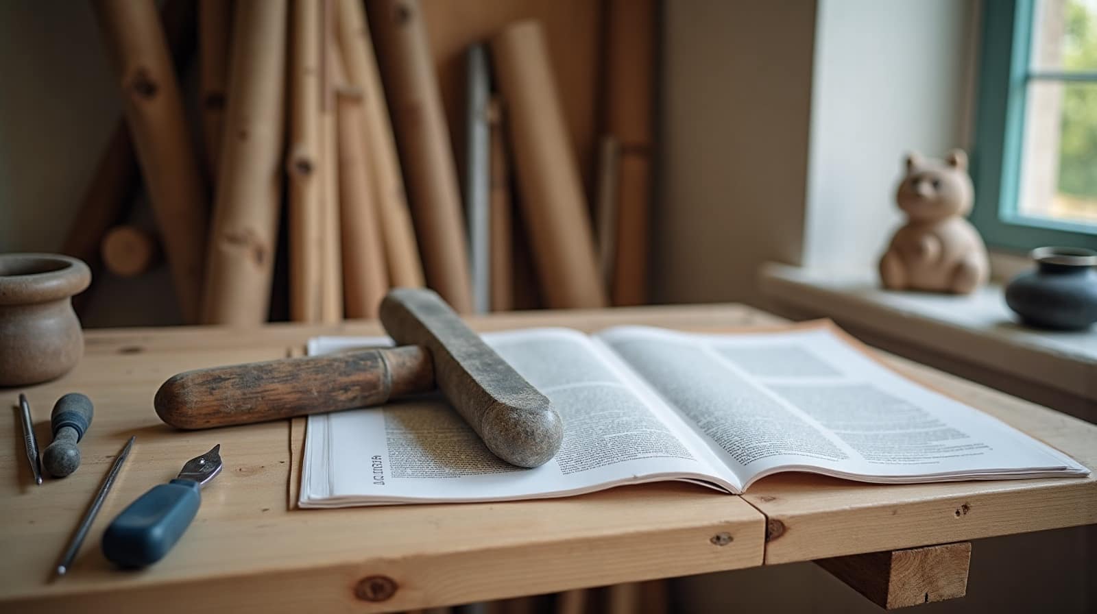 Gros plan sur des outils de couvreur, marteau et pince, posés sur un établi en bois, aucun document visible