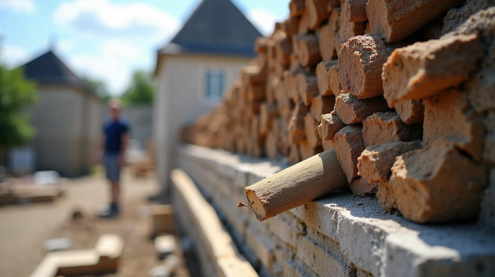 Détail d'une pile de tuiles anciennes prêtes à être évacuées sur une bâche de chantier, cadrage rapproché sur les matériaux