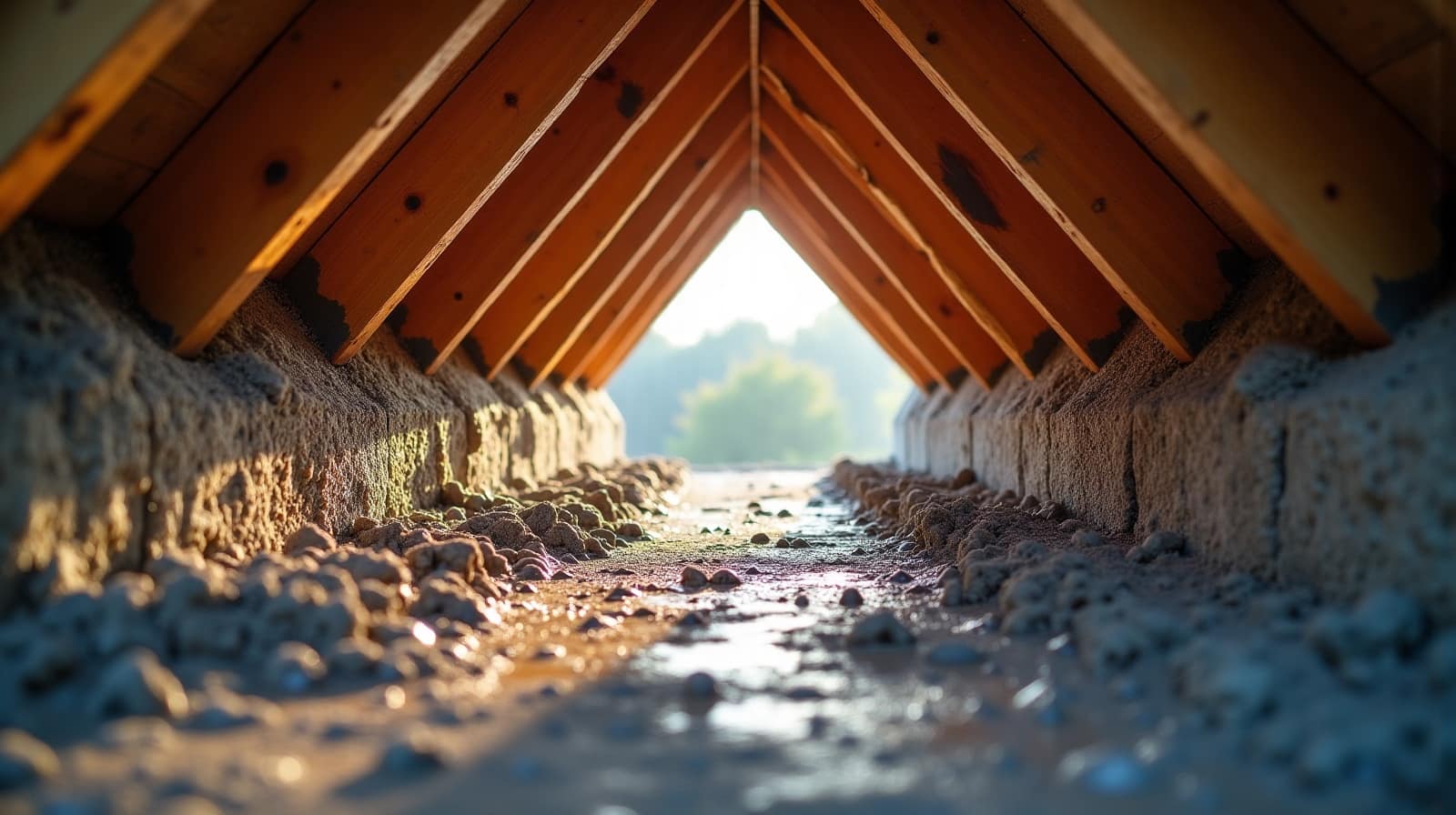 Vue depuis l'intérieur des combles d'un point d'infiltration visible entre les liteaux, gouttes d'eau captées en gros plan