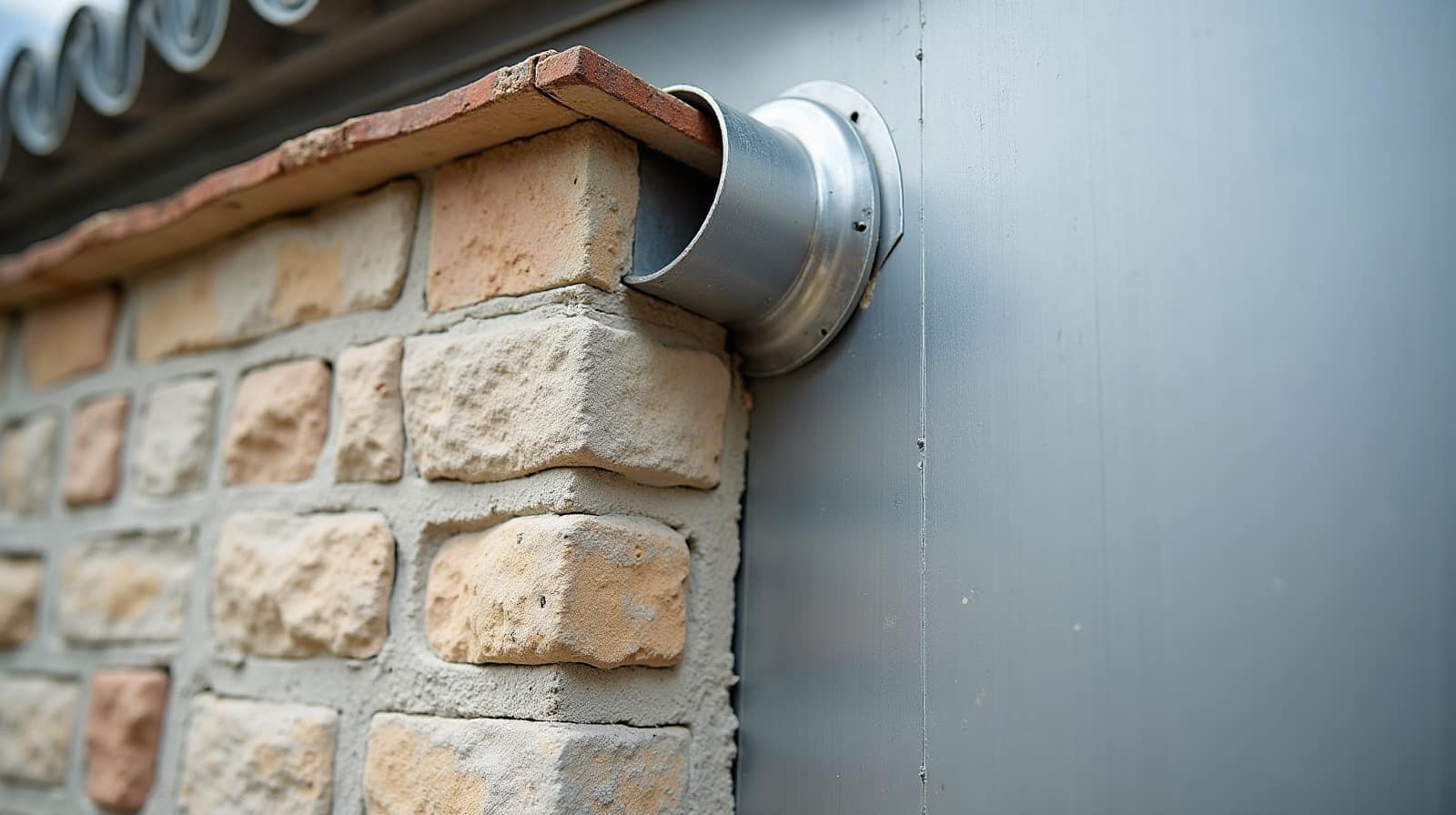 Détail d'un chéneau encastré en zinc le long d'un mur, cadrage rapproché sur le raccordement avec la maçonnerie