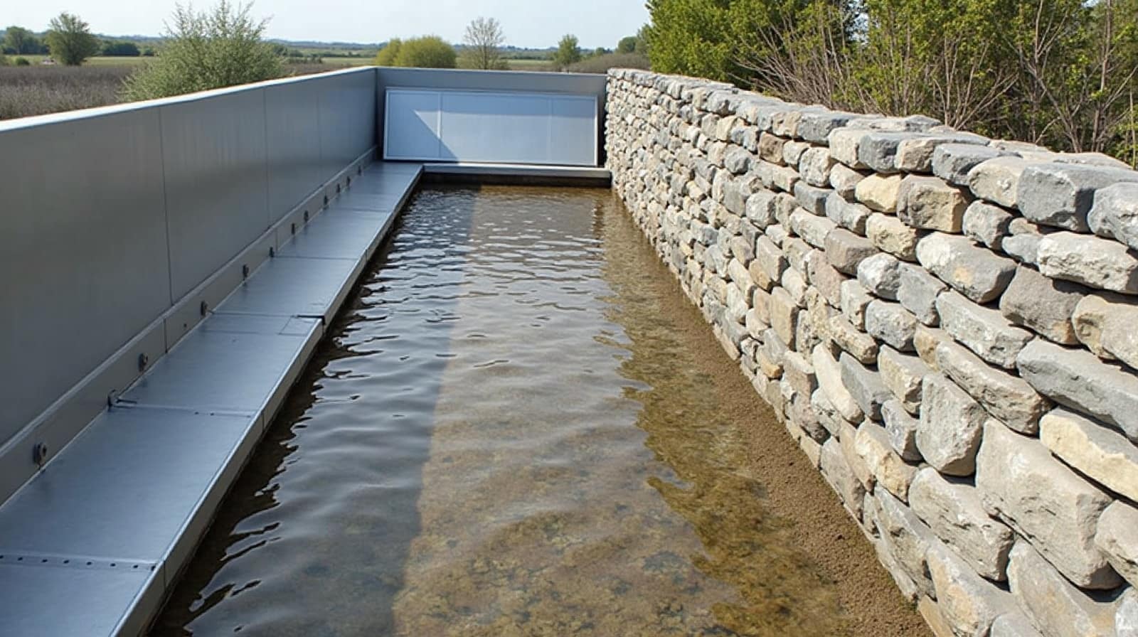 Gros plan sur une descente d'eau pluviale en zinc fixée le long d'un mur en pierre